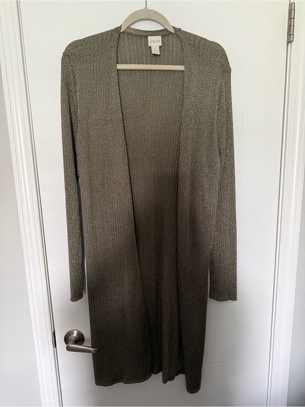 Chico's Gold Metallic Open Front Long Cardigan